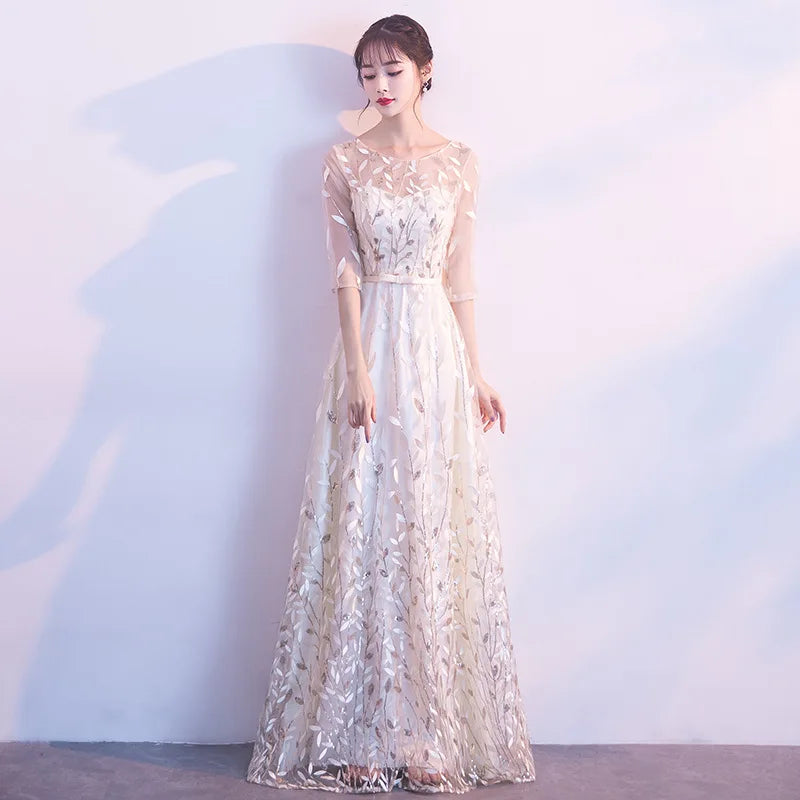 Peach Tulle White Floral Embroidery Formal Gown main image 1