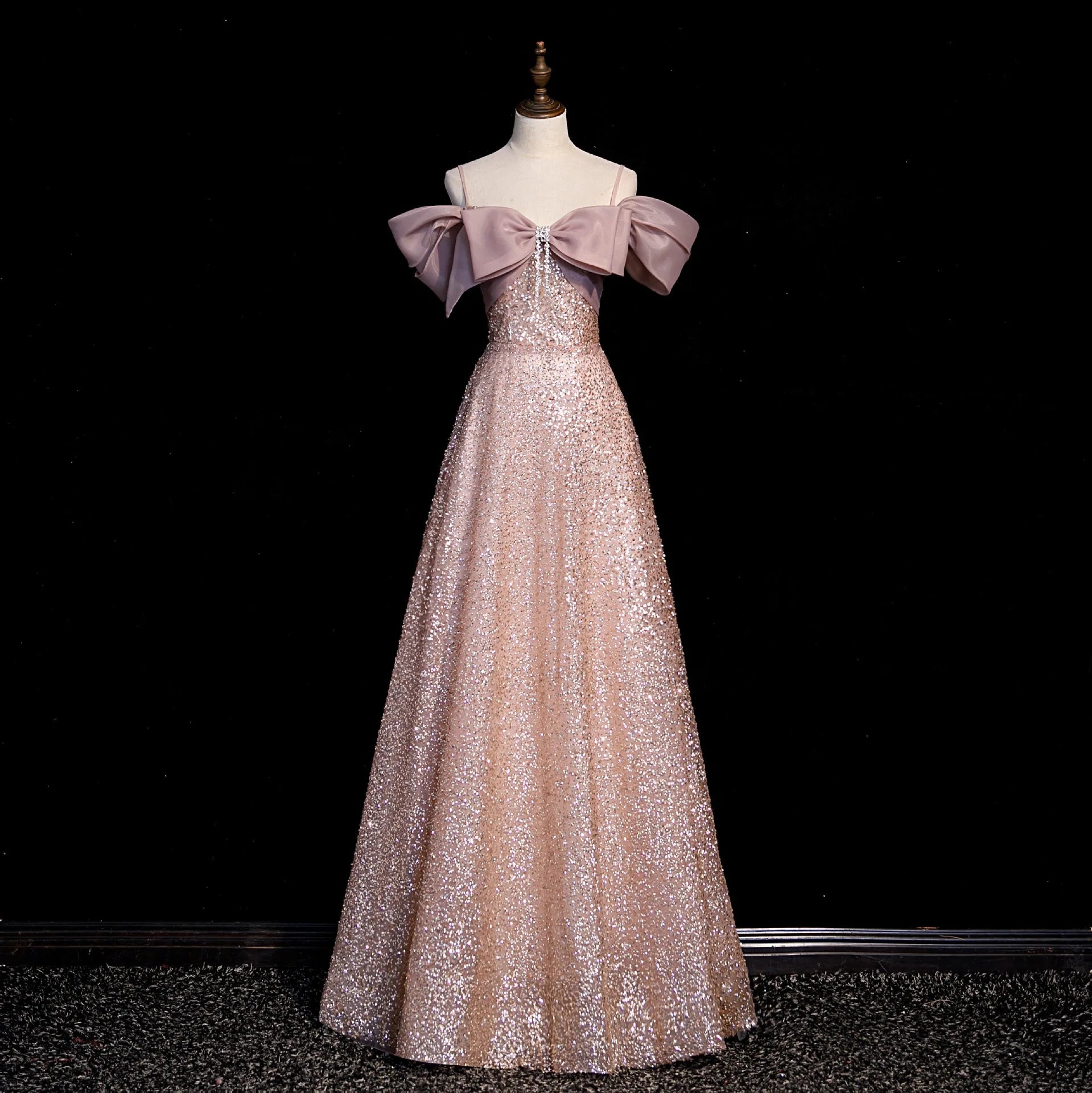 Long Sleeve Bow Dress Sequin Top Gown With A Bow