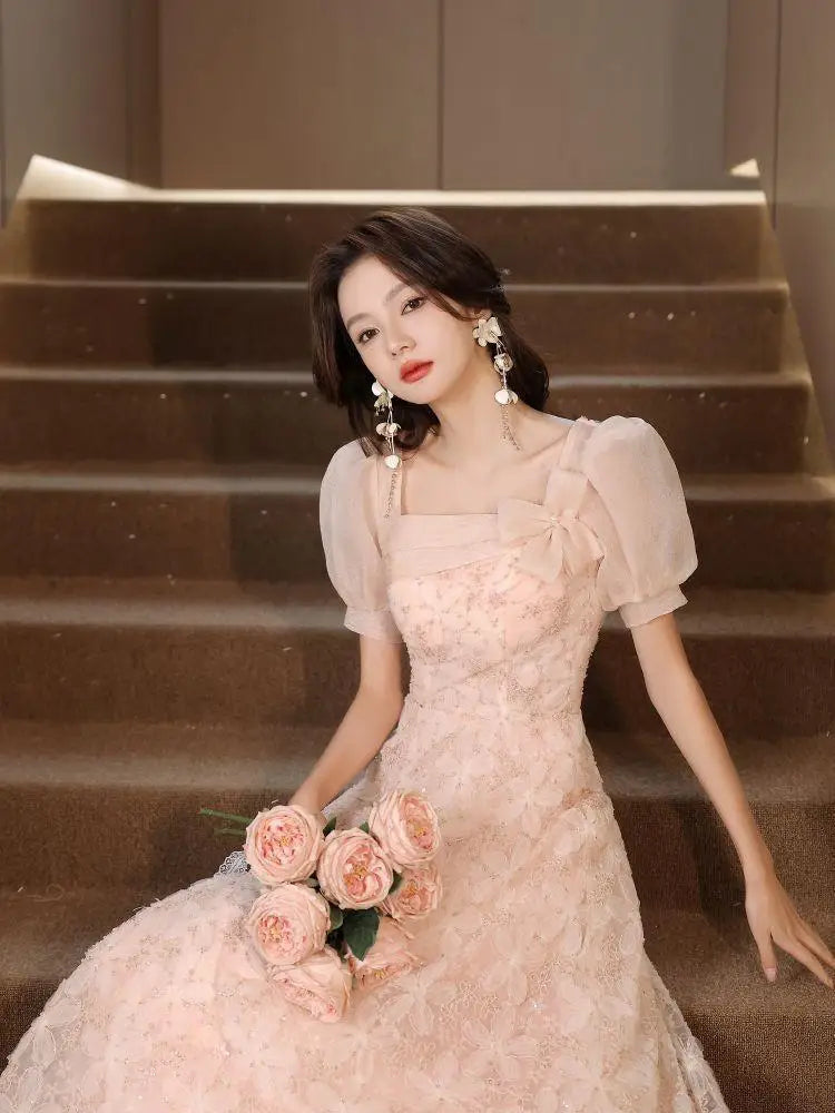 Off Shoulder Bodice Embroidery Lace Ball Gown Evening Dress - Fluorescent main image 1