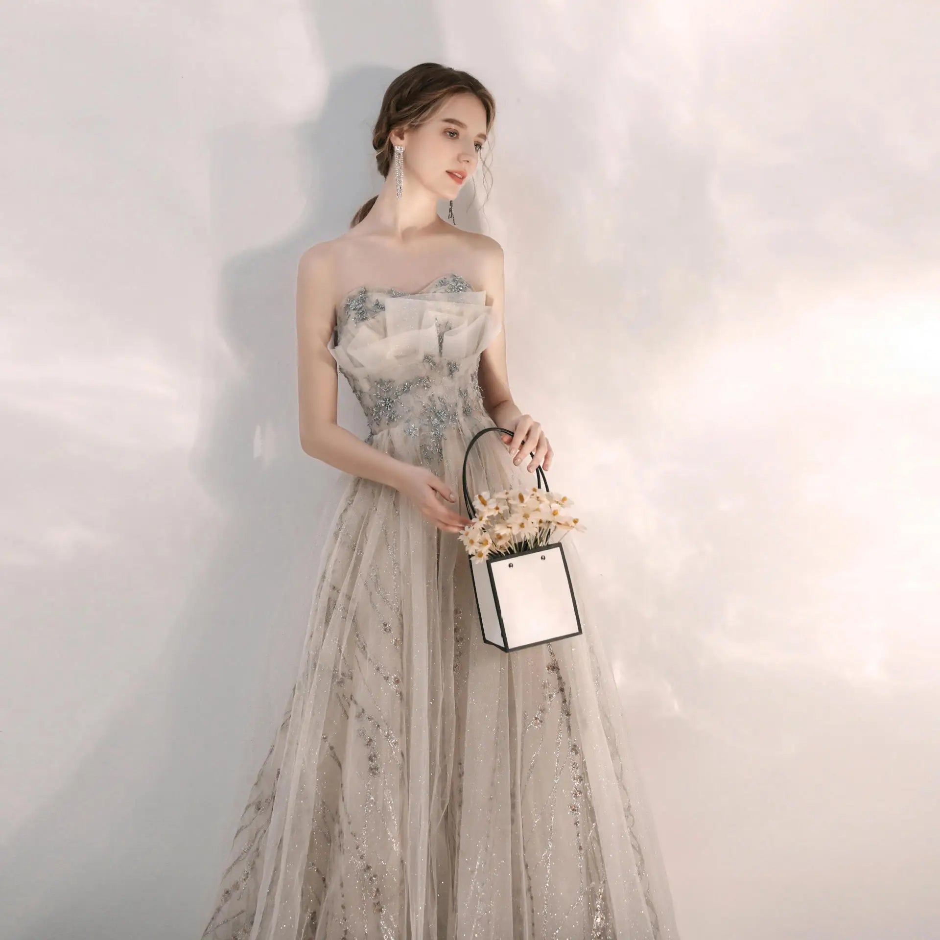 Elegant Strapless Tulle Evening Gown With Floral Embroidery on Luulla