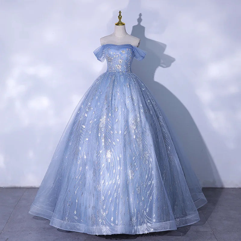 Elegant Off-shoulder Blue Tulle Evening Ball Gown on Luulla