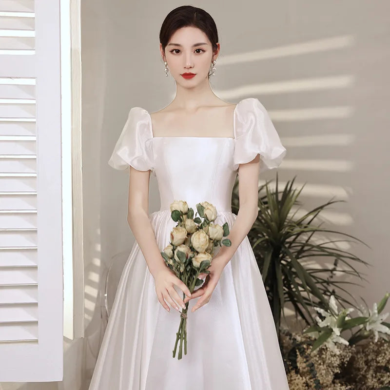 Elegant Satin Square Neck Puff Sleeve Bridal Gown on Luulla