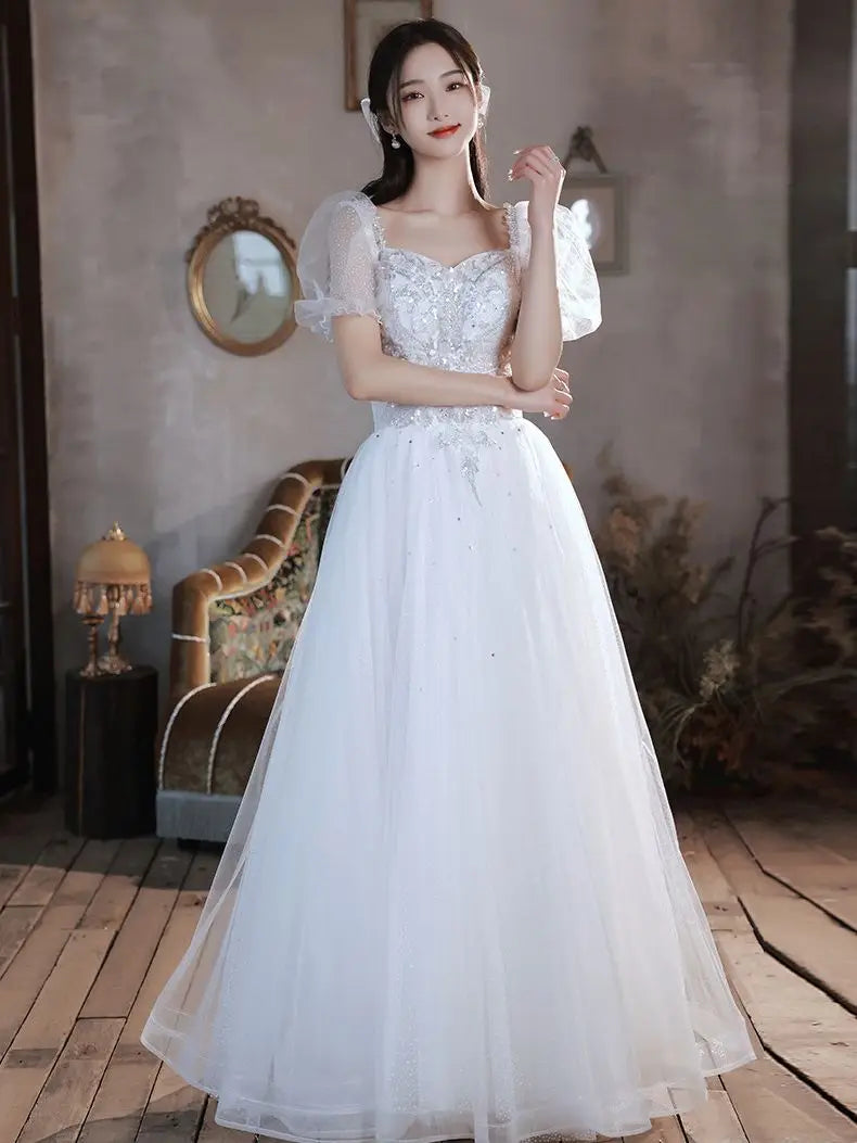 Gray Sheer Bodice Beaded Short Gown with Spaghetti Straps