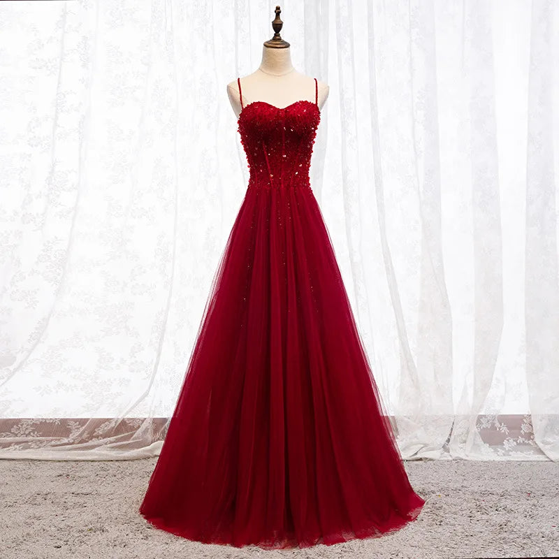 Elegant Red Beaded Tulle Evening Gown With Train on Luulla