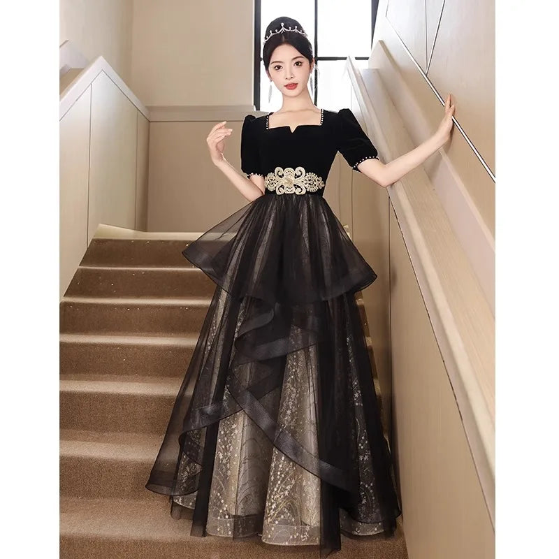 Elegant Tulle Long Evening Dress Black Illusion Neck Half Sleeve for Women main image 0