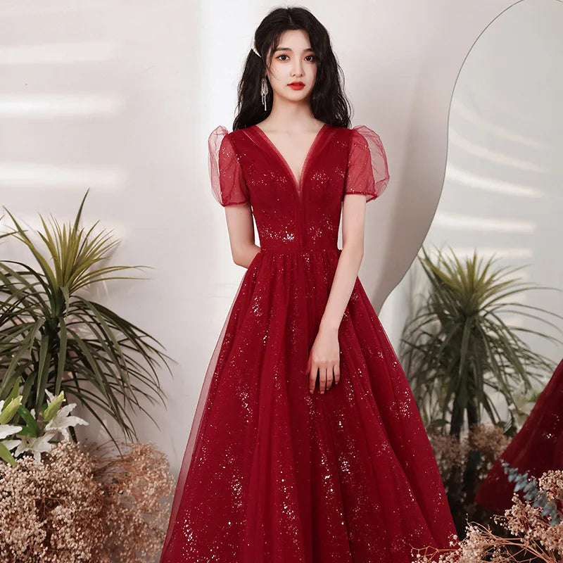 Elegant Red Sequin Evening Gown With Sheer Sleeves on Luulla