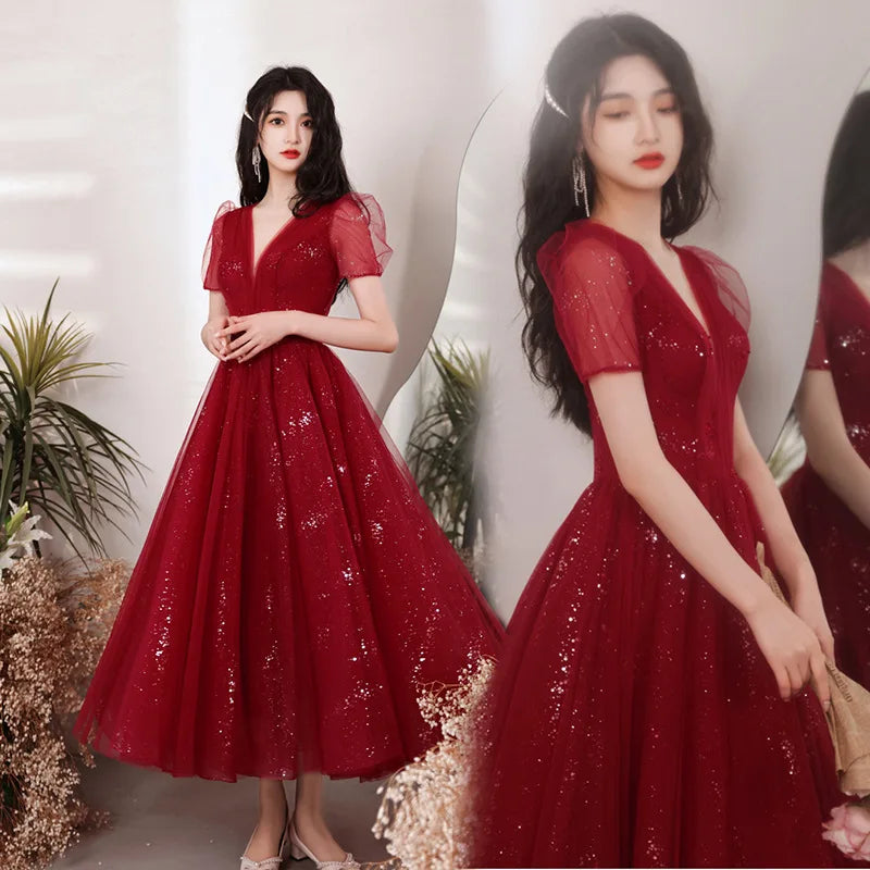 Elegant Red Sequin Evening Gown With Sheer Sleeves on Luulla
