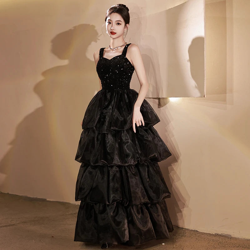 Black Lace Tiered Evening Gown