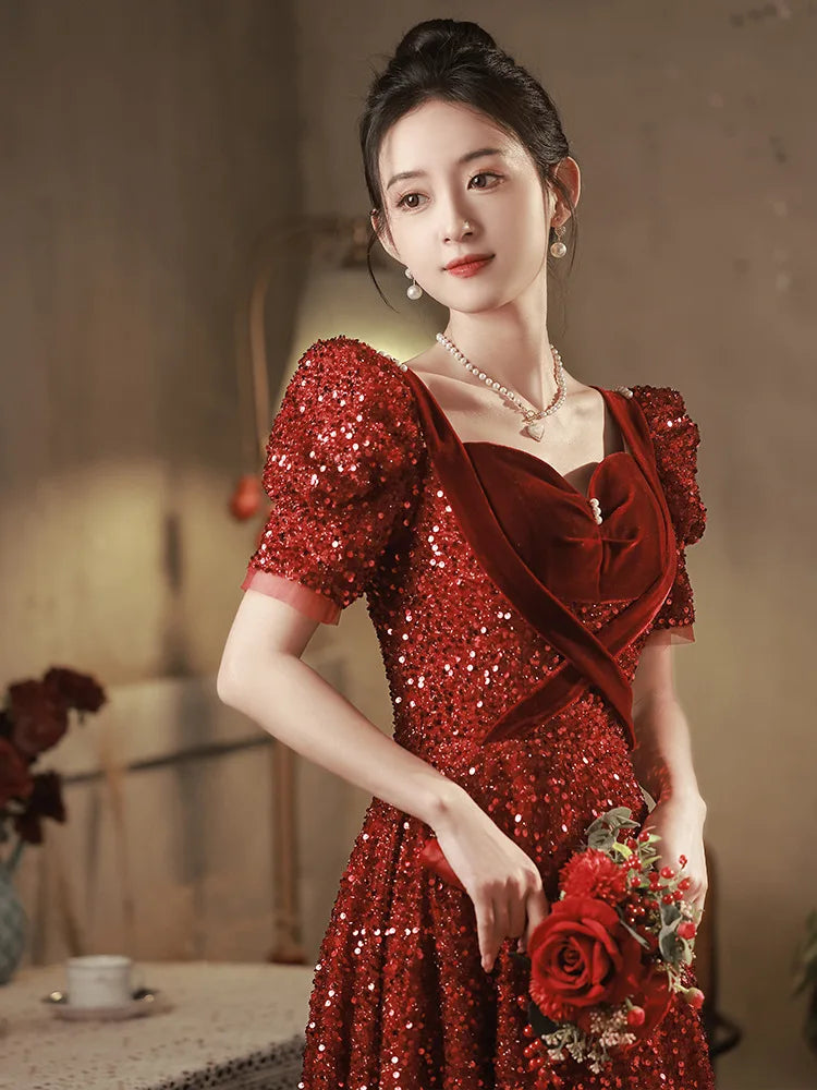 Elegant Red Sequin Evening Gown With Puff Sleeves on Luulla