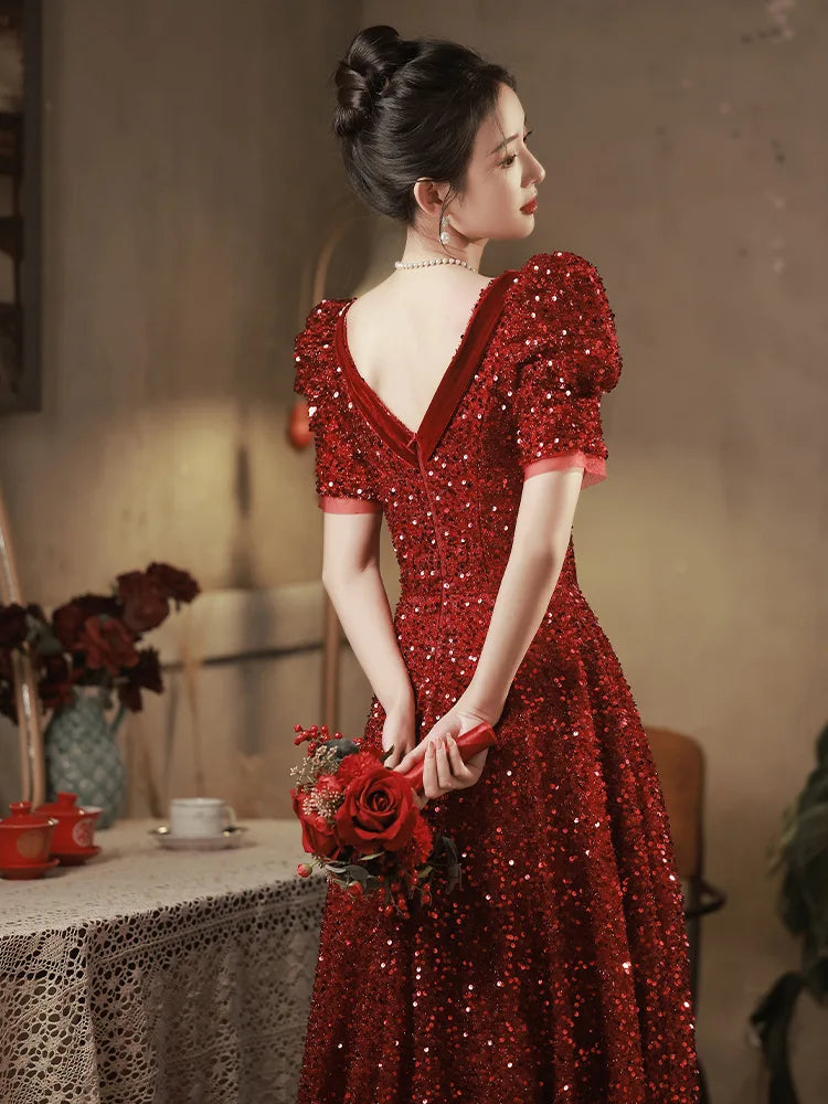 Elegant Red Sequin Evening Gown With Puff Sleeves on Luulla
