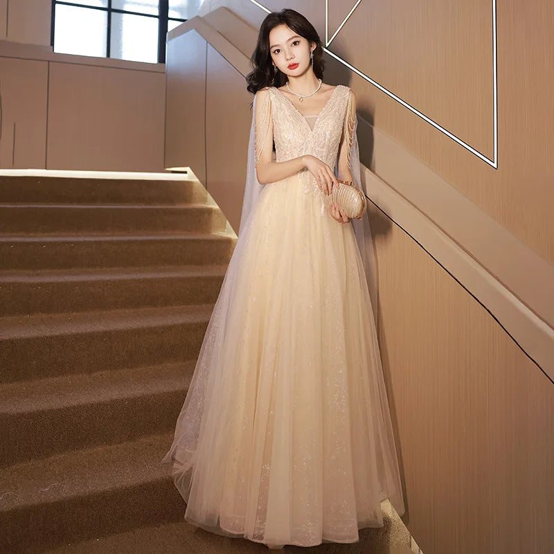 Elegant V-neck Sequined Tulle Evening Gown With Train on Luulla