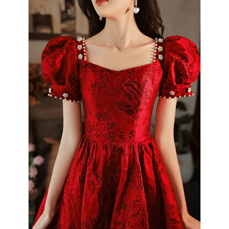 Elegant Red Lace Puff Sleeve Cocktail Midi Dress on Luulla