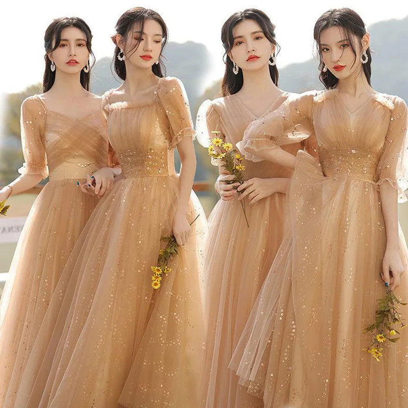 Champagne Bridesmaids Shimmery Mid A-Line Tulle Wedding Party Dress