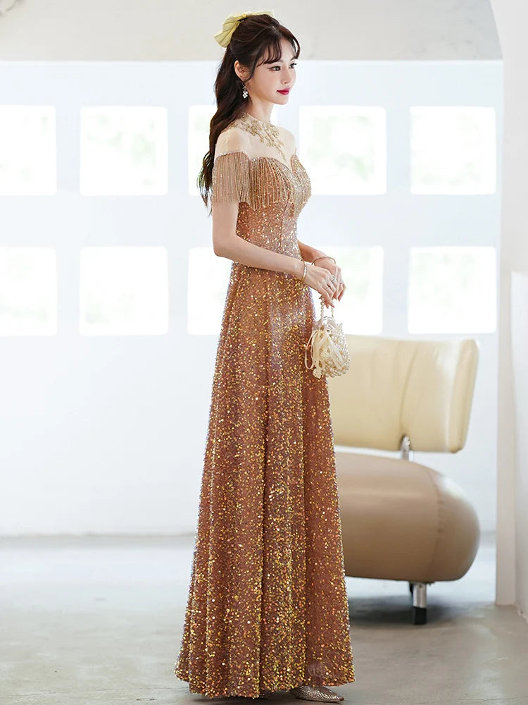 Sequin Fringe Modest Evening Gown main image 0