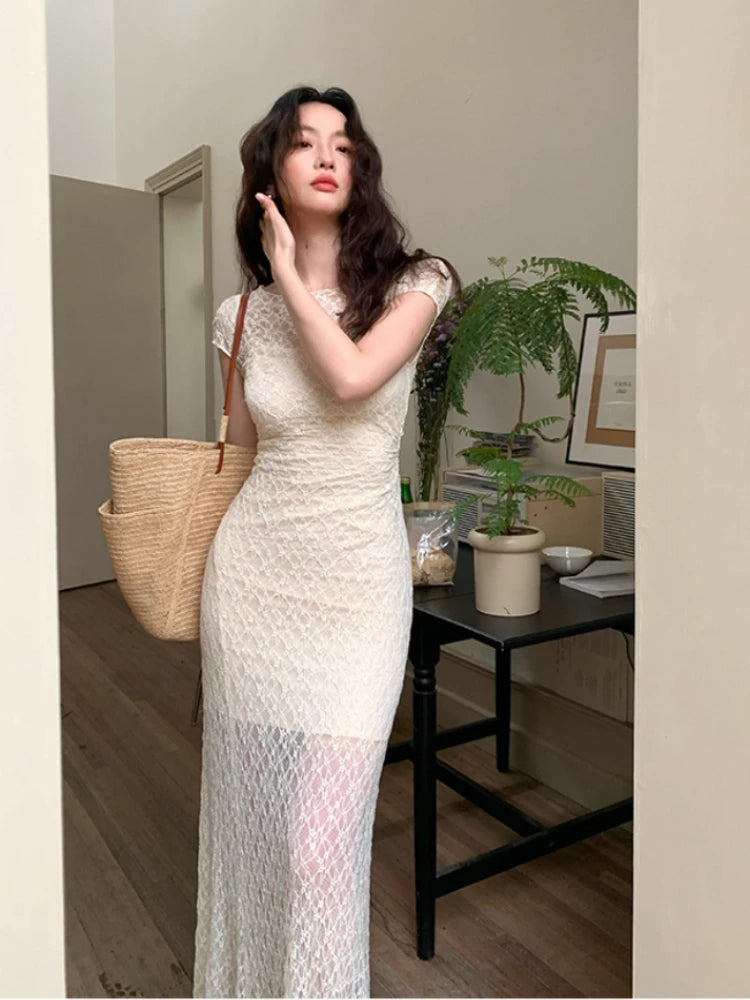 Elegant Lace Long Dress With Cap Sleeves on Luulla