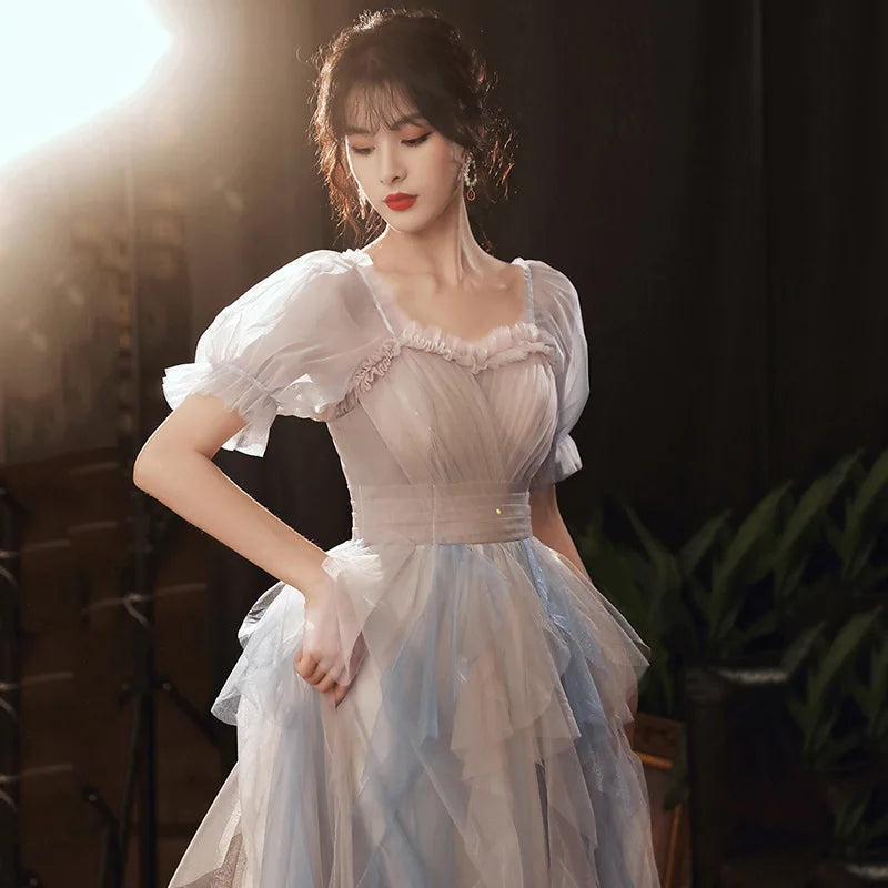 Puff Sleeves V Neck Tulle Slit Evening Dress Y5793 main image 1