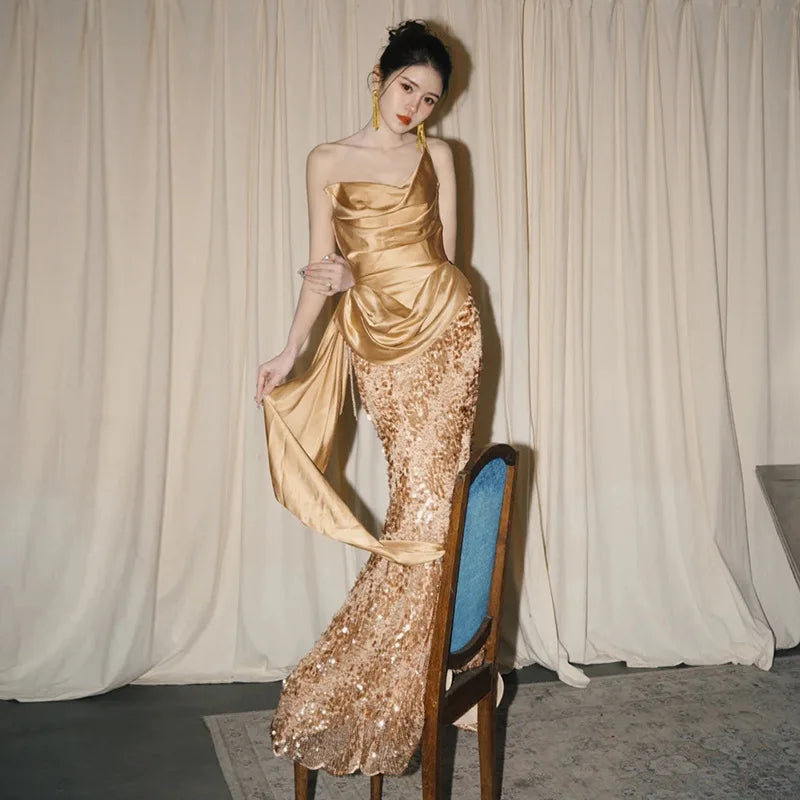 Glamorous Gold Sequins Mermaid Evening Dress Sleeveless