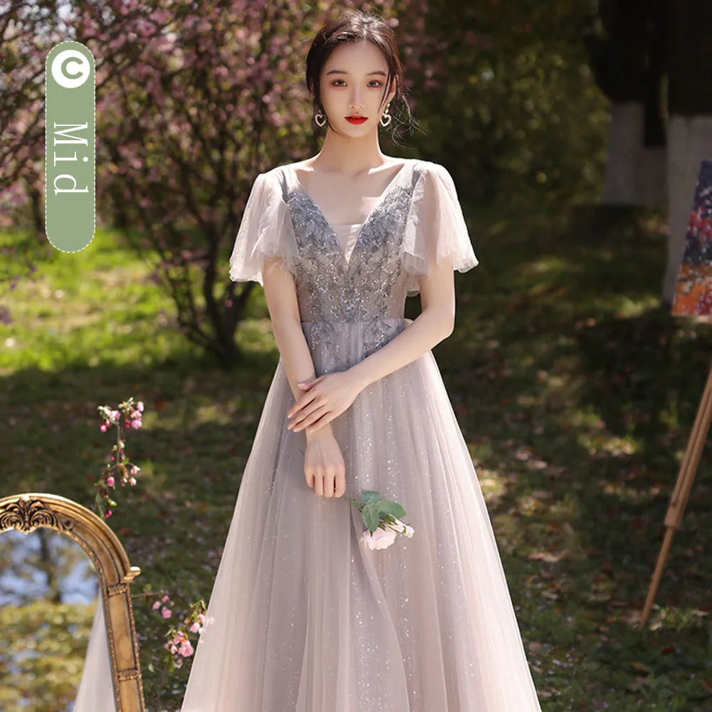 One-Shoulder Glitter Tulle Gown with Lace-Up Back Emerald