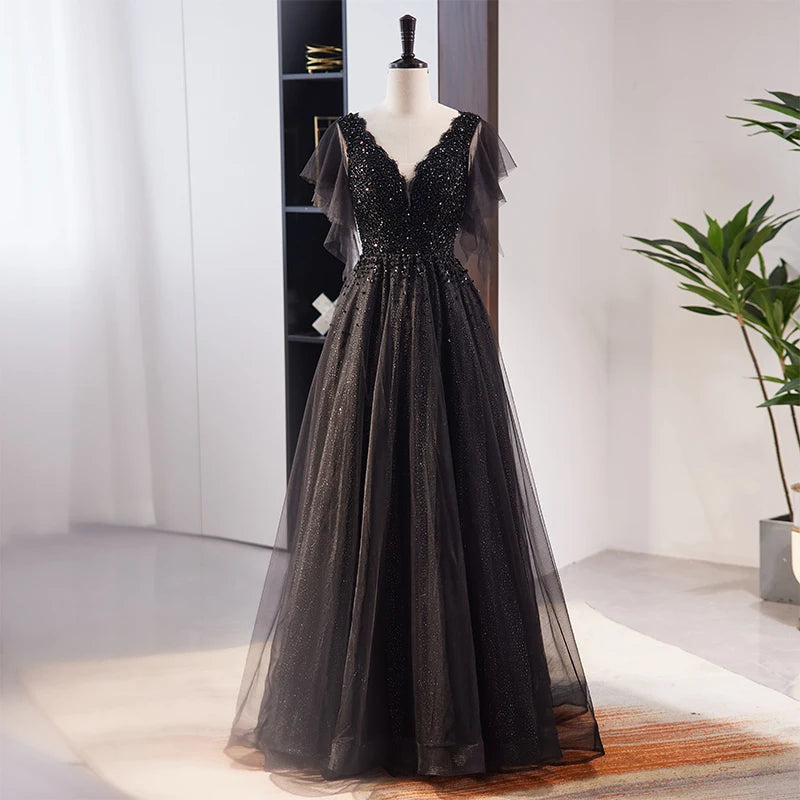 Elegant Black Sequin A-line Evening Gown on Luulla