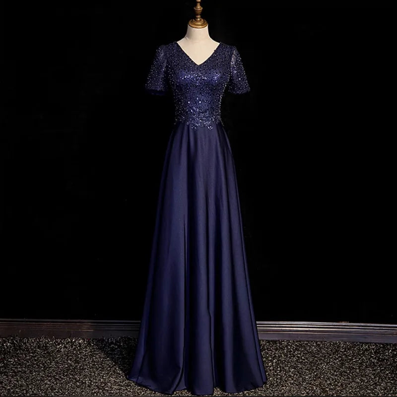 Navy Blue Evening Dress with Beading Sequins,Chic Prom Dress Y1832