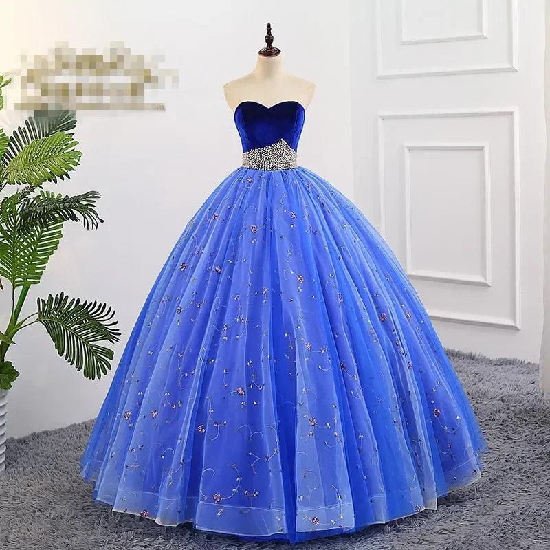 Elegant Blue Strapless Evening Gown With Embroidery on Luulla