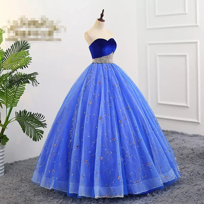 Elegant Blue Strapless Evening Gown With Embroidery on Luulla