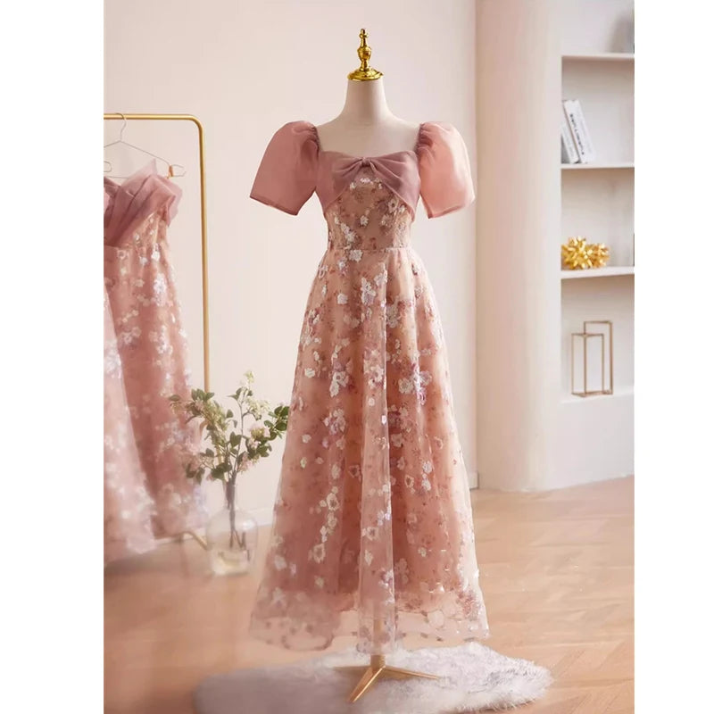 Romantic Flared Midi Dress with Puff Sleeves and Back V-Cut main image 1