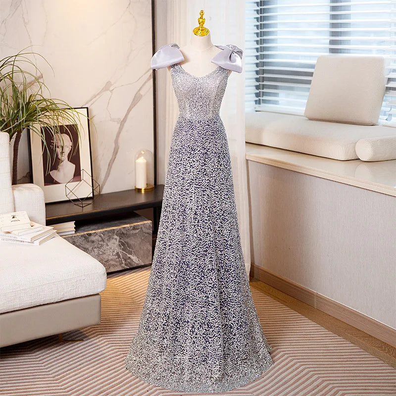Elegant Sequin Evening Gown With Shoulder Bows on Luulla