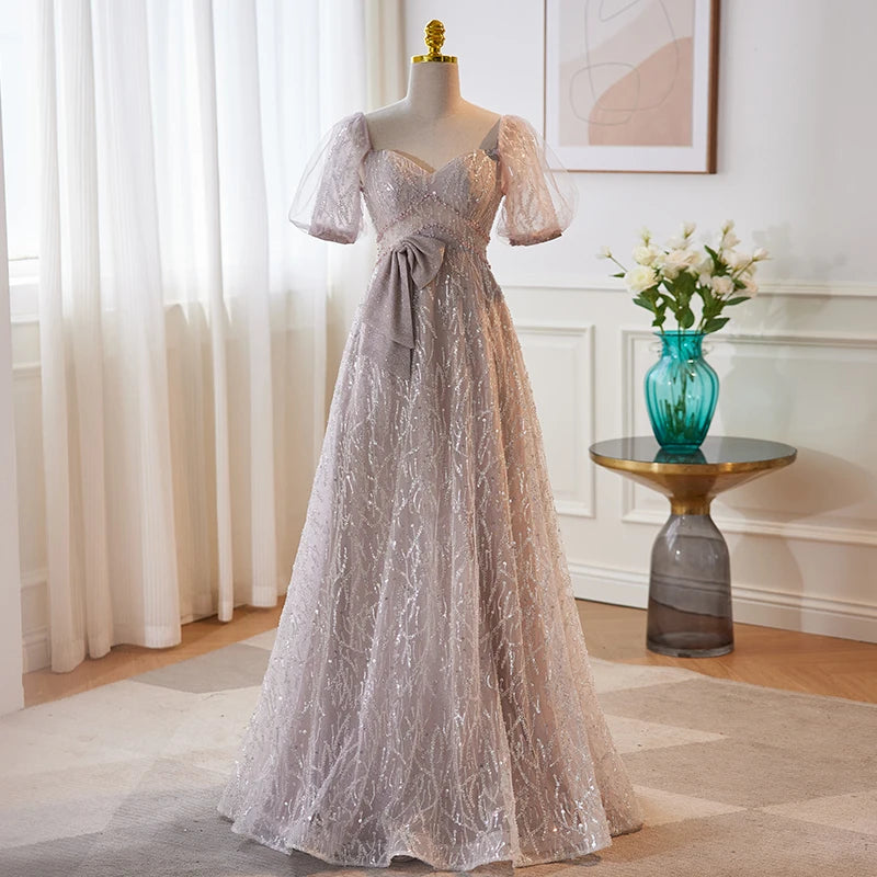 Elegant Evening Gown With Puff Sleeves And Bow on Luulla