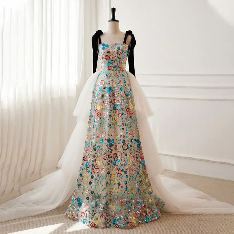 Elegant Floral Sequin Tulle Evening Gown Dress on Luulla
