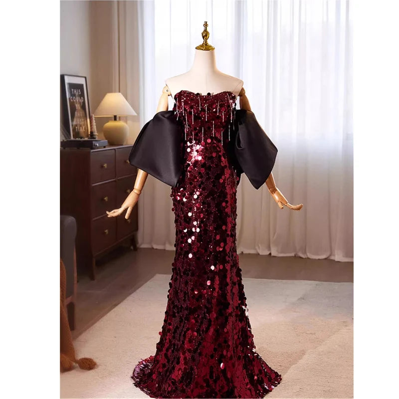 15986 Burgundy Sequined Evening Dress