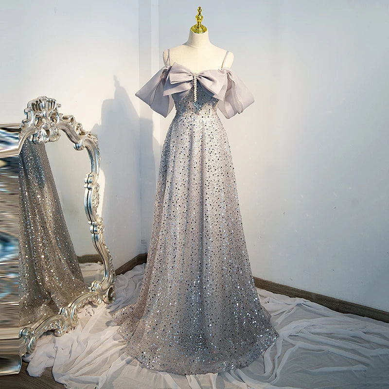 Elegant Sequin Evening Gown With Bow Detail on Luulla