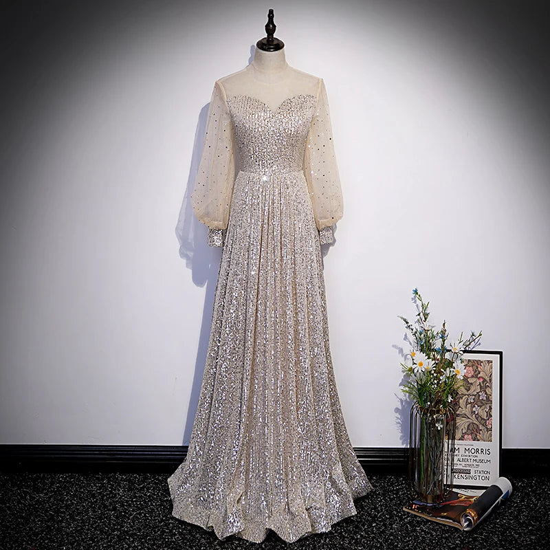 Elegant Beaded Evening Gown With Sheer Sleeves on Luulla