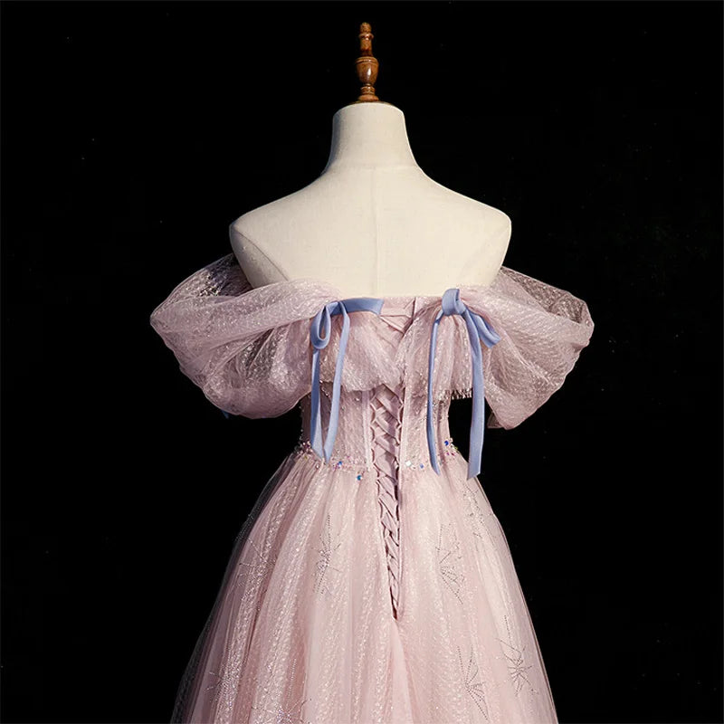 One-Shoulder Glitter Tulle Gown with Lace-Up Back Blushing Pink