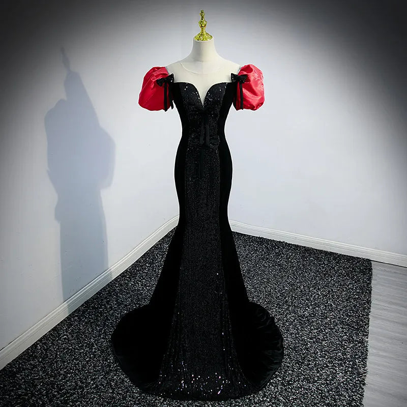Black Sequin High-Neck Gown With White Collar Detail