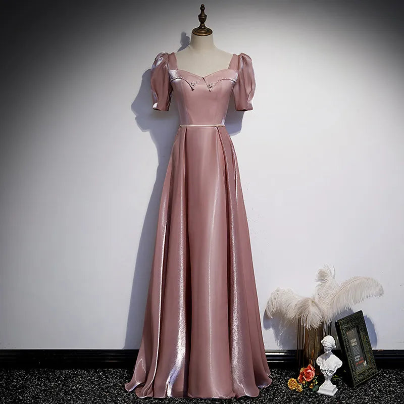 Pink Retro Fashion Elegant Long satin Ruffled Ball Gown Evening Dress gh3221