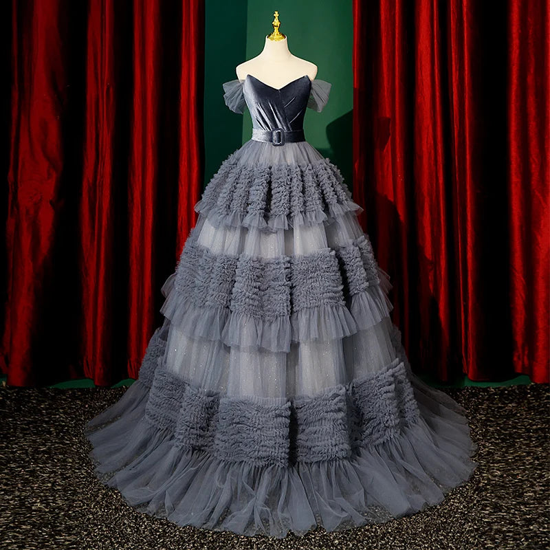 A-line Off-the-shoulder V-Neck Tulle Evening Gown main image 1