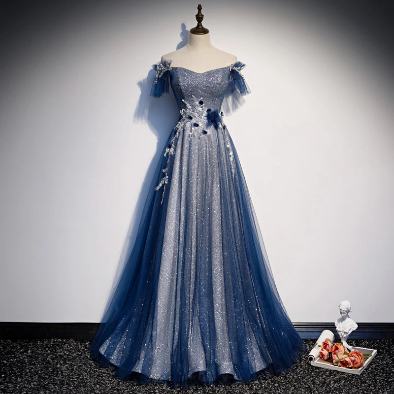 Elegant Off Shoulder Shimmery Blue Evening Gown on Luulla