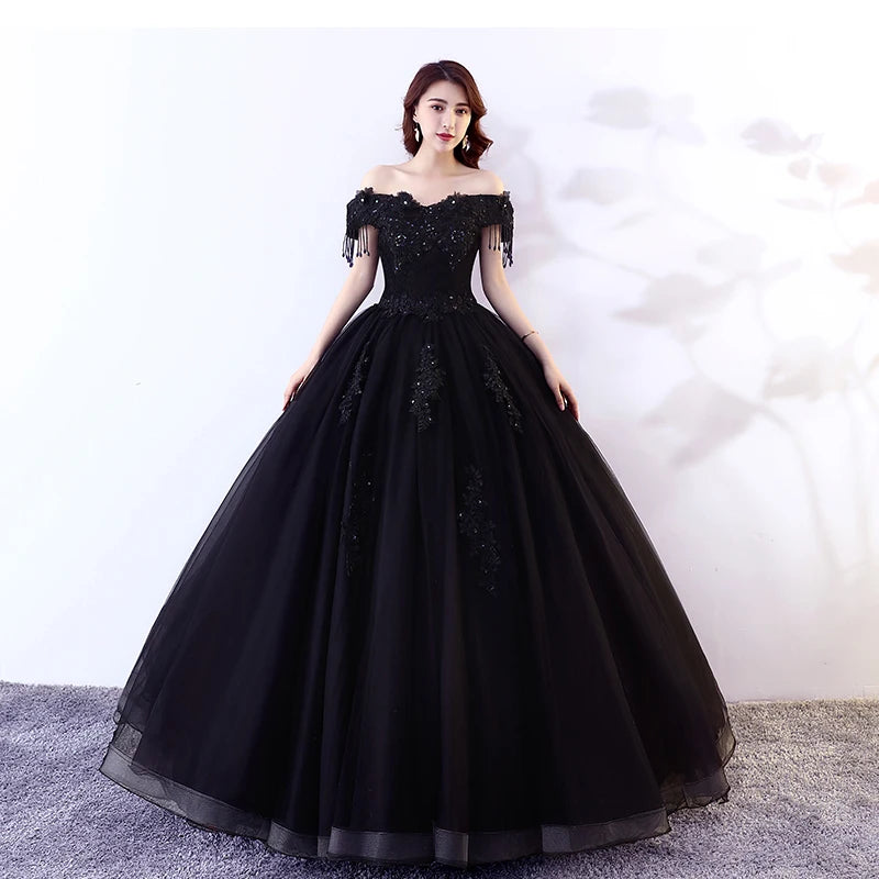Fashion Black Ball Gown Off The Shoulder Satin Long Party Dress Evening Gown main image 1