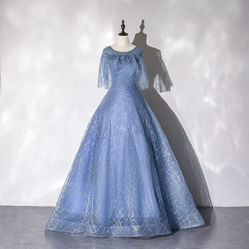 Trendy Blue Long Sleeve Off-the-shoulder Split Evening Gown JTE707 main image 1