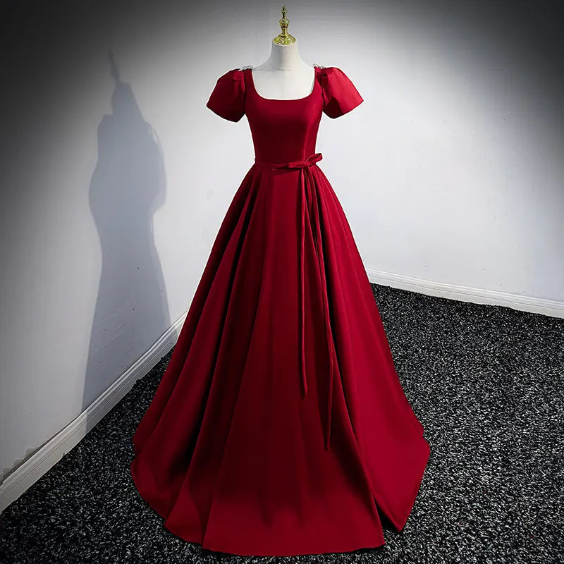 Elegant Red Satin Puff Sleeve Evening Gown on Luulla