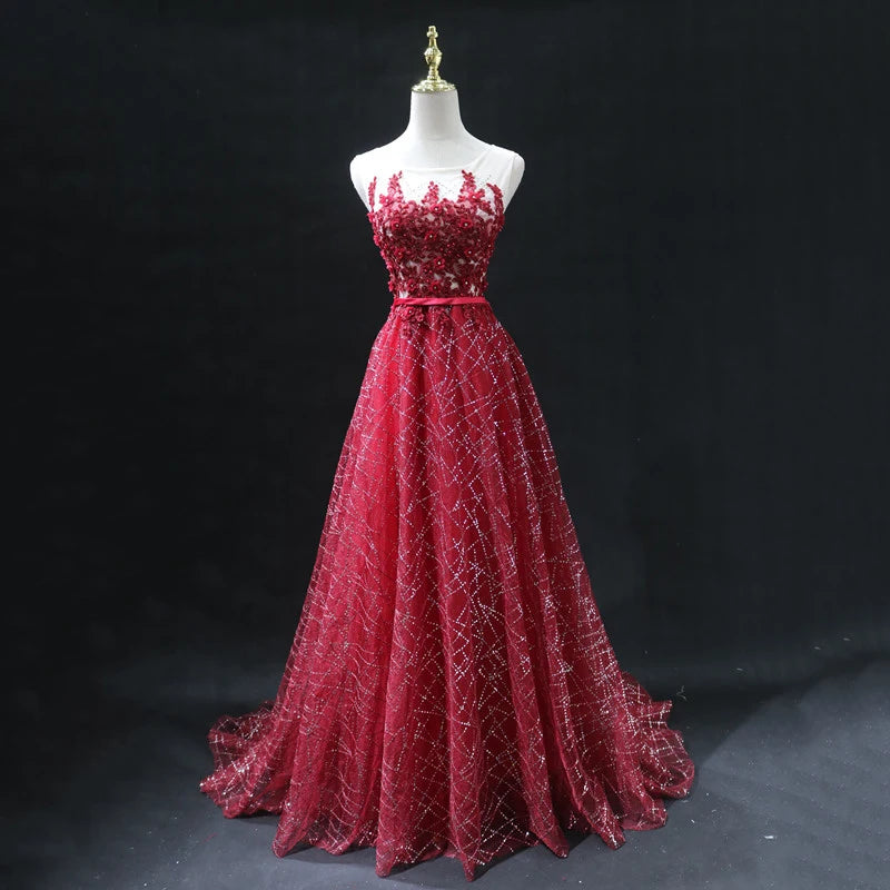 Elegant Red Evening Gown With Floral Embroidery on Luulla