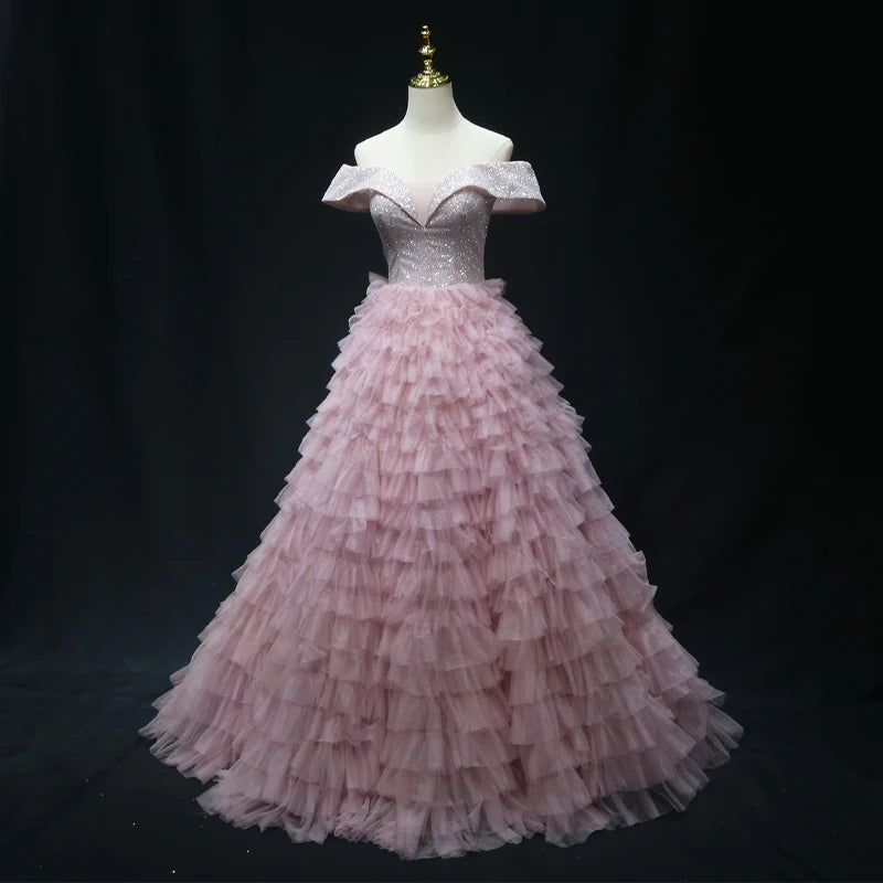 Elegant Off-shoulder Pink Ruffled Evening Gown on Luulla