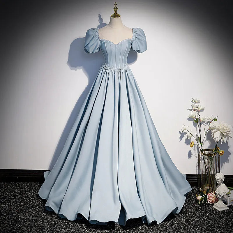 Elegant Blue Puffy Sleeves Evening Dress Blue Party Dress Y6595