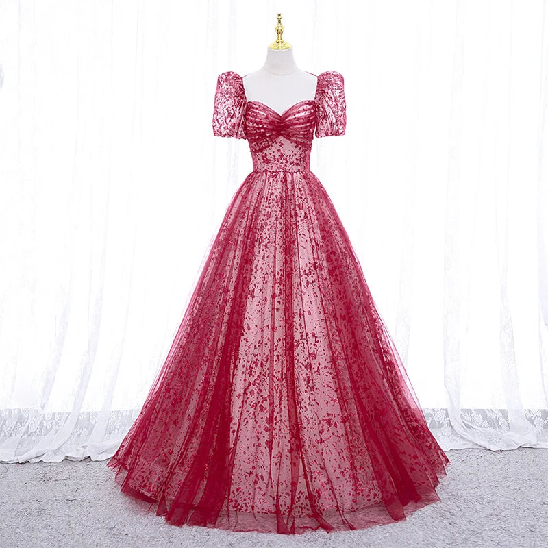 Elegant Red Lace Puff Sleeve Evening Gown on Luulla