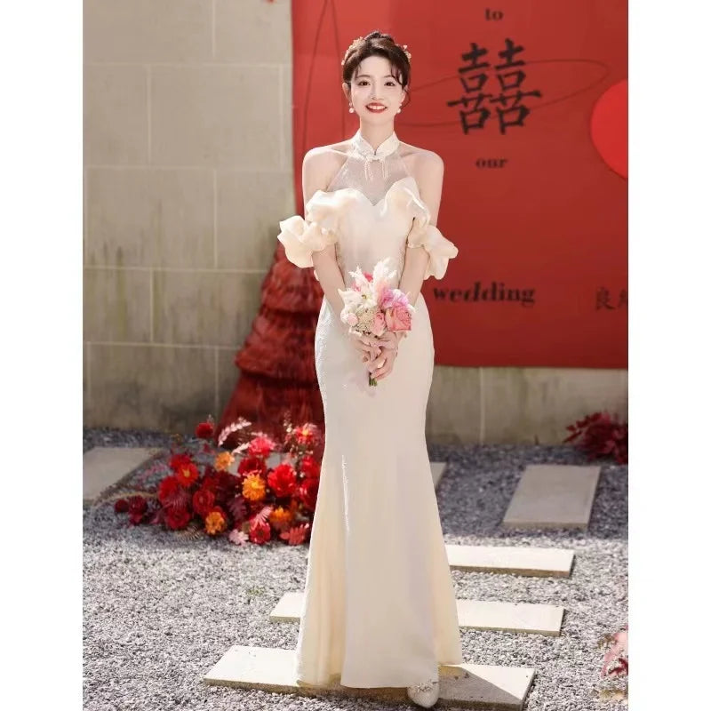 Elegant White Floral Bridal Gown With Ruffled Sleeves on Luulla