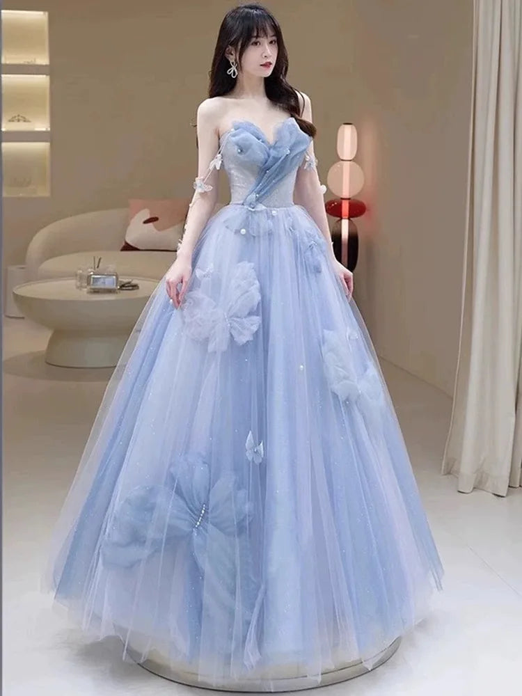 Blue lace applique elegant off the shoulder ball gown Y1578