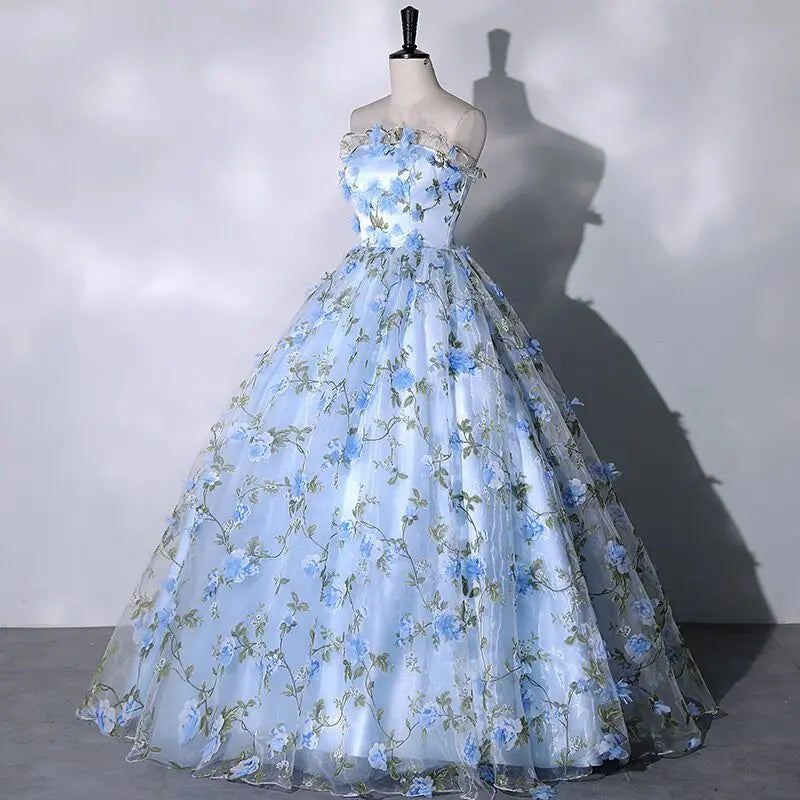Elegant Floral Embroidered Strapless Blue Ball Gown on Luulla