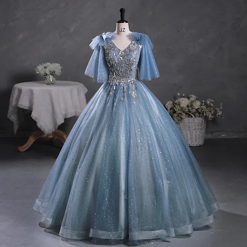 Elegant Blue Sparkling Floral Tulle Ball Gown on Luulla