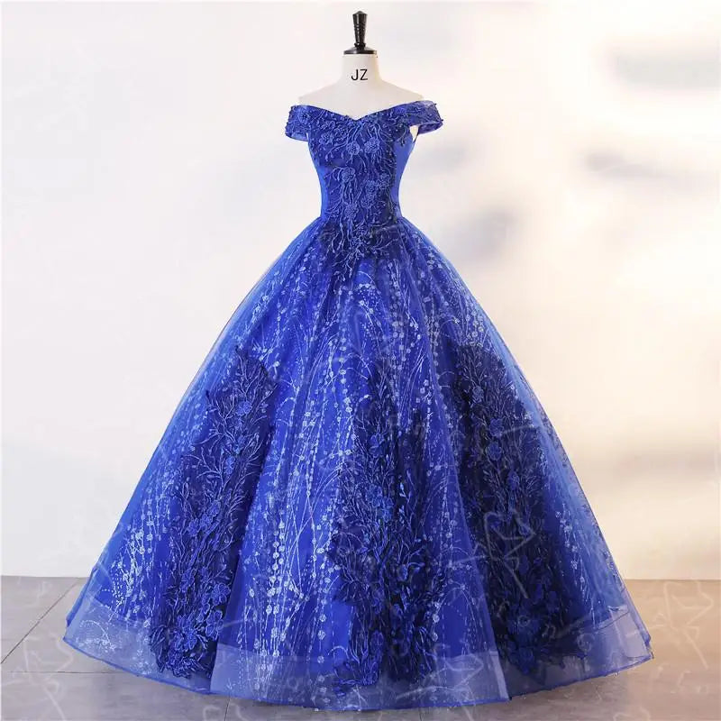 Elegant Navy Blue Off-the-shoulder Ball Gown with Sparkling Sequins & Tulle Sleeves DP7013 main image 0